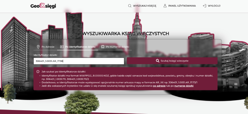 Zrzut ekranu przedstawiający wprowadzanie identyfikatora działki w wyszukiwarce
