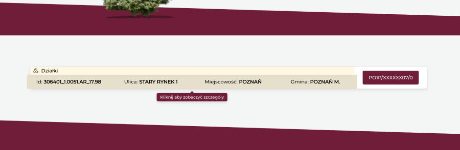 Zrzut ekranu przedstawiający wyniki wyszukiwania po identyfikatorze działki