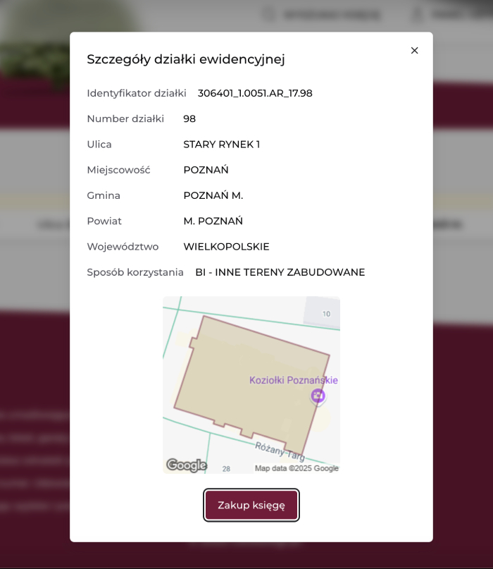 Zrzut ekranu przedstawiający szczególy szukanej działki