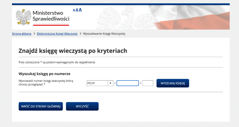 Zrzut ekranu przedstawiający przeglądarkę ksiąg wieczysteych