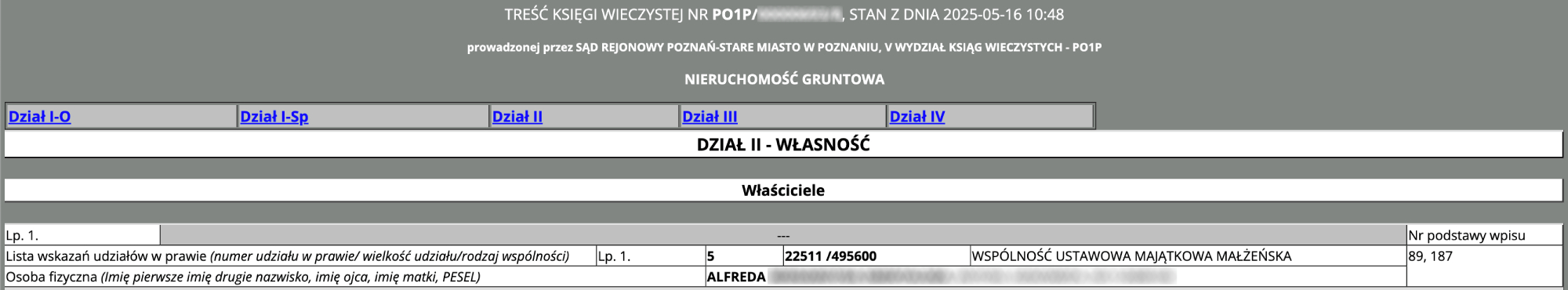Zrzut ekranu przedstawiający szczególy szukanej księgi wieczystej